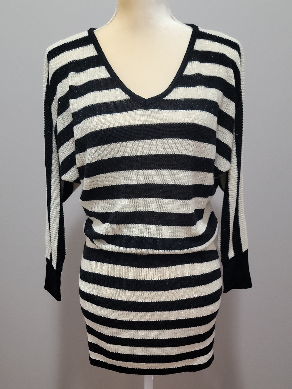 VTG 2012 Alloy Emmie Lurex Striped Dolman Sleeve Sweater Dress Black Cream Sz XS